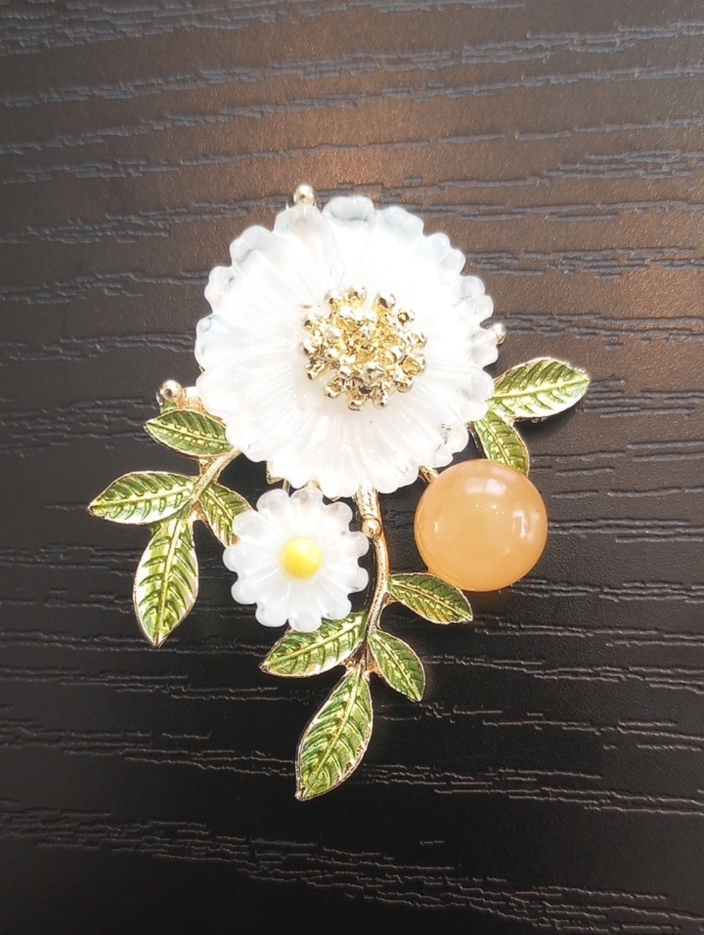 Gold-Tone Orange Flower Blossom Brooch Pin